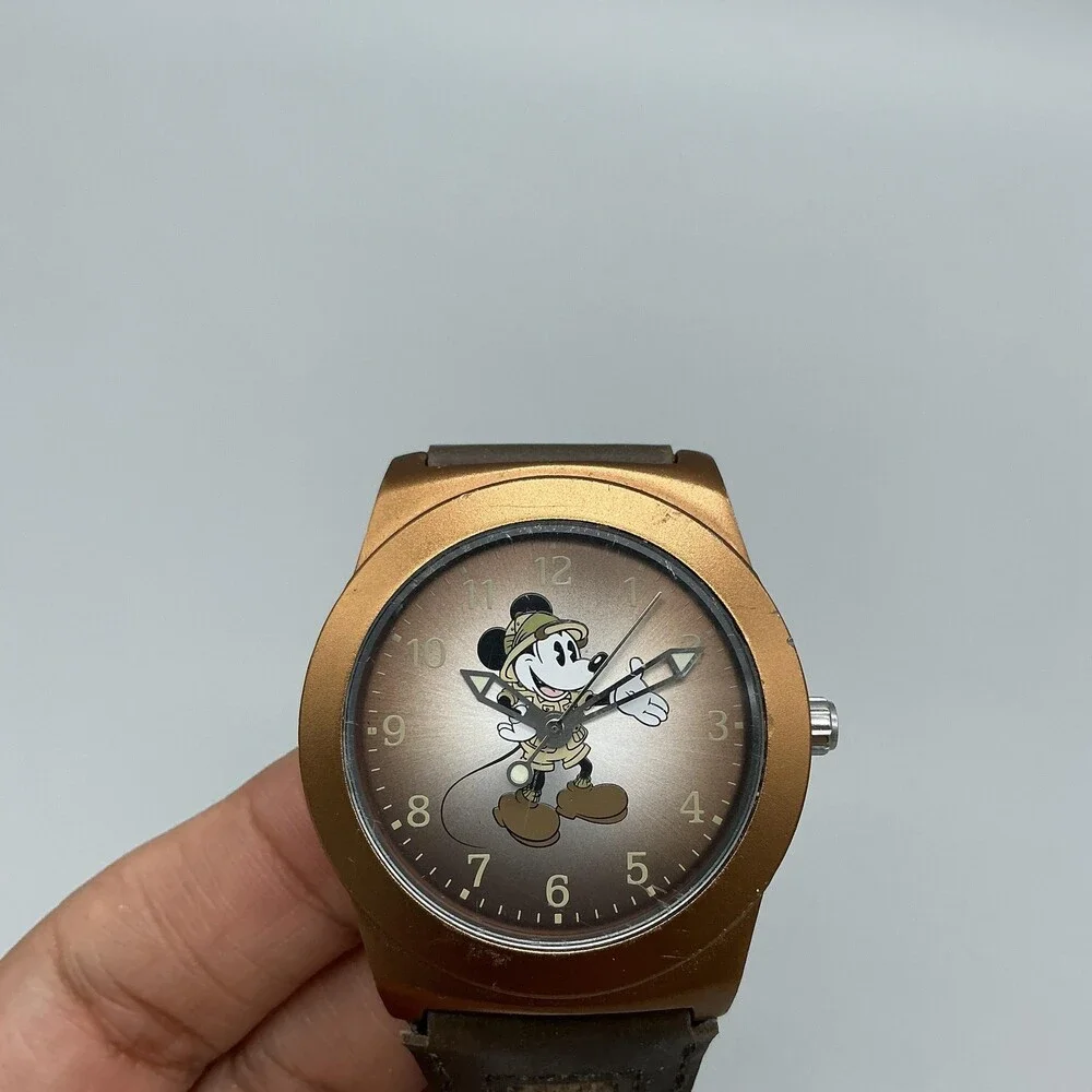 Disney Parks Mickey Mouse Mens Watch 38mm Bronze Dial Canvas Strap New Battery